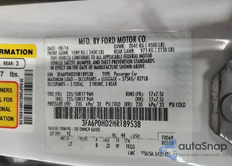 2017 Ford Fusion Se z USA, uszkodzony, nr VIN 3FA6P0HD2HR189538